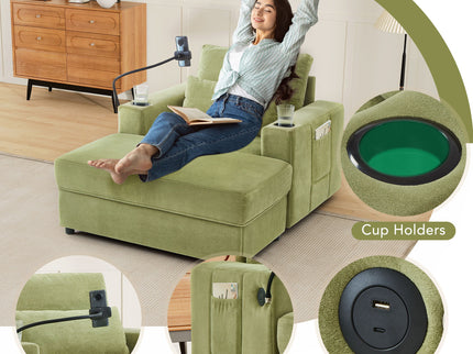 Modern Style Armchair Chaise Lounge Sofa Couch With Movable Storage Ottoman, USB Ports, Cup Holders, Phone Holder, Side Pockets