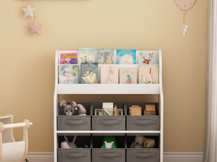 Bookshelf With 6 Storage Bins, Multi Functional Children's Bookcase And Toy Organizer - White