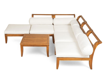 6 Piece Patio Sofa Set, Acacia Wood Outdoor Modular Sectional Garden Furniture Set L Shaped Conversation Set, Convertible Daybed With Tea Table, Ottoman, 5 Cushions And Pillows - Teak / Beige