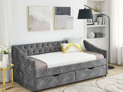 Upholstered Tufted Daybed With 2 Drawers, Waved Arms