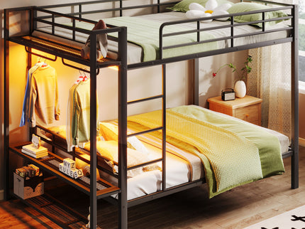 Bunk Bed With Storage Shelves, Clothes Hooks, LED Light