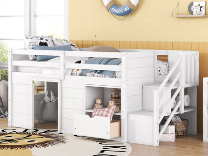 Low Loft Bed With Stair, Drawer, And Shelf