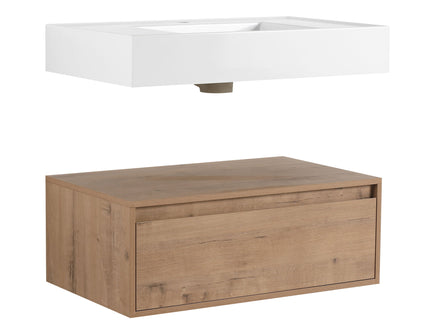 Modern Wall Mounted 30 Inch Bathroom Vanity With Resin Sink And 2 Side Cabinet In Imitative - Imitative Oak