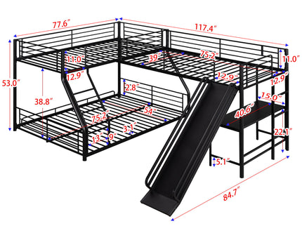 L-Shaped Twin Over Full Bunk Bed With Twin Loft, Built In Desk And Slide - Black