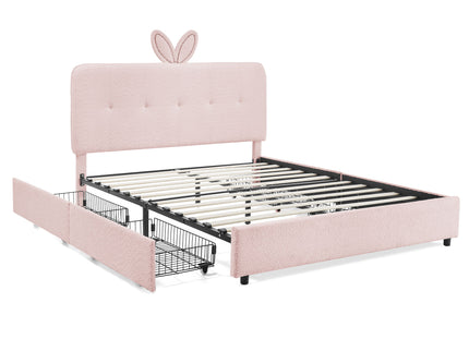 Upholstered Bed With Oversized Rabbit Ear Headboard, LED Lights & 4 Storage Drawers