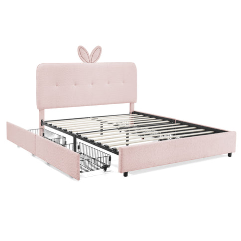 Upholstered Bed With Oversized Rabbit Ear Headboard, LED Lights & 4 Storage Drawers