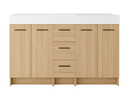 Double Sink Bathroom Vanity With 3 Drawers, Large Storage, Integrated Sink, Freestanding Cabinet, Soft Close Hardware - Glossy White / Light Oak