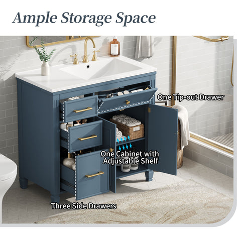 Modern Bathroom Vanity With Ceramic Sink, Freestanding, One Tip Out Drawer, 3 Side Drawers, Adjustable Shelf