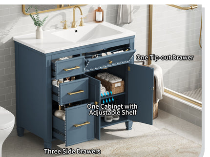 Bathroom Vanity With Sink, 1 Tip Out Drawer, 3 Side Drawers, Adjustable Shelf