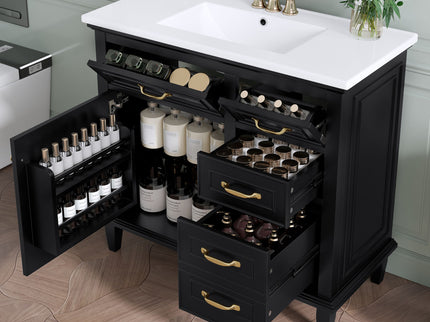 Modern Bathroom Vanity With Sink Top, Flip Drawers, Adjustable Shelf