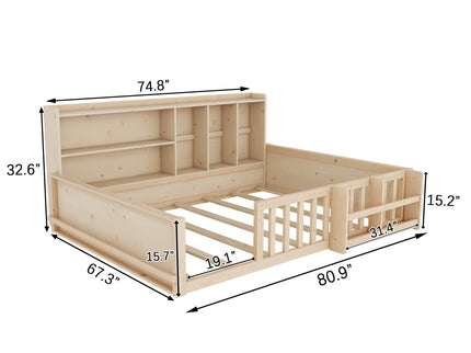 Platform Bed Frame With Guardrail, Storage Shelves & Bookshelf