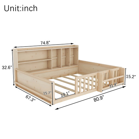 Platform Bed Frame With Guardrail, Storage Shelves & Bookshelf