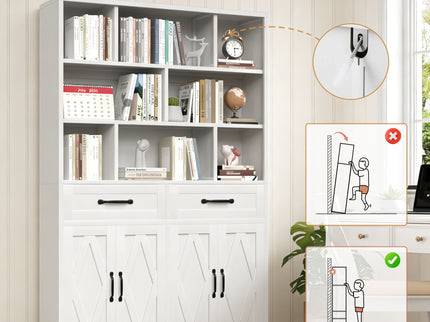 Bookcase Tall With 2 Doors & 2 Drawers, Fixed Open Shelves - White