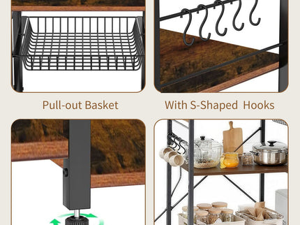 Bakers Rack With Power Outlet, Coffee Bar With S-Shaped Hooks, Kitchen Shelf With Wire Basket - Black / Brown