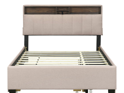Upholstered Platform Bed With Storage Headboard, Trundle & 2 Drawers And A Set Of Sockets & USB Ports