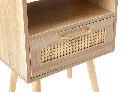 15.75" Rattan End Table With Power Outlet & USB Ports, Modern Nightstand With Drawer And Solid Wood Legs, Side Table For Living Room, Bedroom