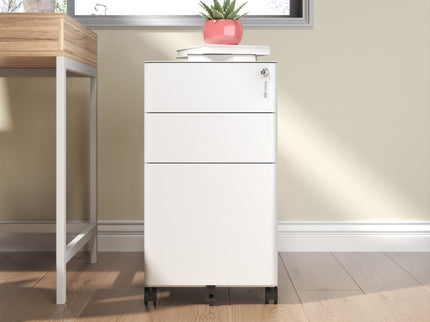 3-Drawer Mobile File Cabinet With Lock, On Wheels, Two Shallow & One Deep Drawer For Office/Home, Fully Assembled - White