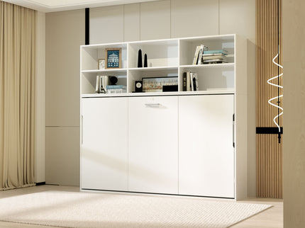 Mordern Design Twin Size Horizontal Murphy Bed With Shelf Storage For Bedroom Or Guestroom Wall Bed Space Saving Hidden Bed With New Style Gas Struts - White