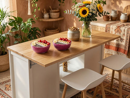 Drop Leaf Kitchen Island With Storage, Power Outlet & Pet Bowl Drawer - White / Light Oak