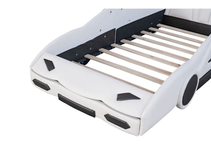 Race Car Shaped Twin Platform Bed With Wheels, Pine Wood Construction