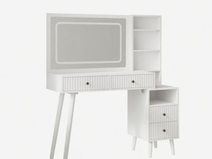 Fluted Vanity Desk With Lighted Mirror & Outlet 4 Drawer, Makeup Table - White