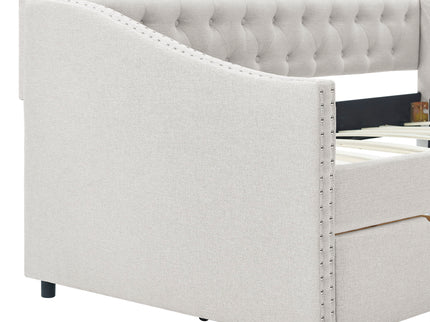 Upholstered Tufted Daybed With 2 Drawers, Waved Arms