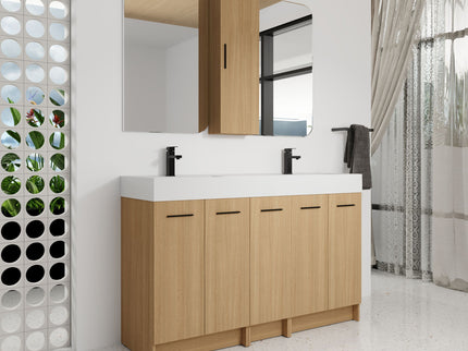 Double Sink Bathroom Vanity Set With Tall Linen Cabinet, Extra Large Storage, Integrated Sink, Freestanding Cabinet - Light Oak / White