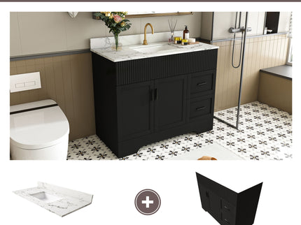 Bathroom Vanity Set, Fluted Cabinet, Soft Close Doors With Drawers, Single Faucet Hole, Sink Included - Black
