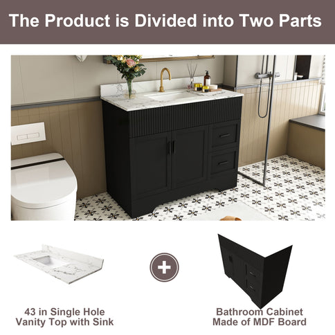 Bathroom Vanity Set, Fluted Cabinet, Soft Close Doors With Drawers, Single Faucet Hole, Sink Included - Black