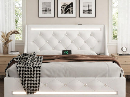 Wingback Upholstered Bed Frame With LED Lights, Charging Station
