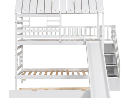 House Bunk Bed With Trundle, Storage Staircase, Roof And Window Design