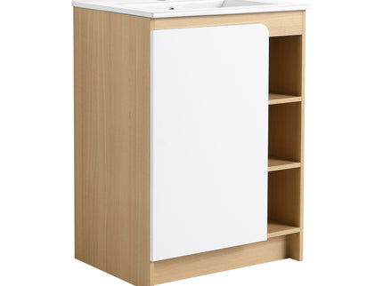 Freestanding Bathroom Vanity With Thin Rim Sink, Single Door With 4 Tier Open Shelves - Light Oak / White