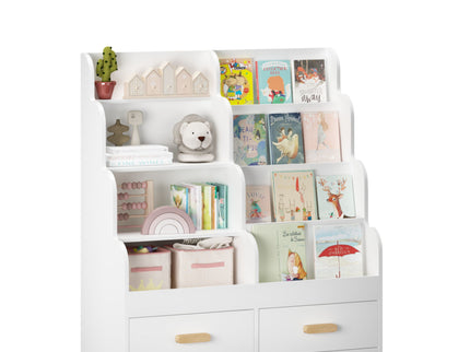 Bookshelf With 2 Storage Drawers, Front Facing Bookcase And Toy Organizer, Multi Tier Reading Shelf - White