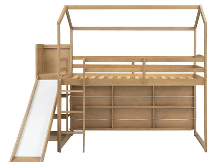 House Loft Bed With Slide, Storage Shelves And Light, Climbing Ramp