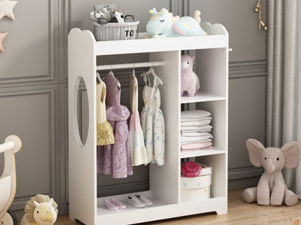 Dress Up Storage With Mirror And Hooks, Clothes Rack With Hanging Rod, 3 Side Hooks, Open Shelves, Top Shelf Organizer - White
