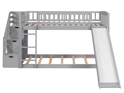 Twin Over Twin Bunk Stairway Bed With 2 Drawers And Slide - Gray