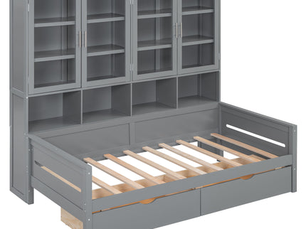 Daybed With Glass Door Storage Cabinets, Built In LED Lighting And Shelves