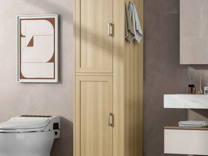 Tall Freestanding Bathroom Storage Cabinet With Adjustable Shelves And Side Hooks