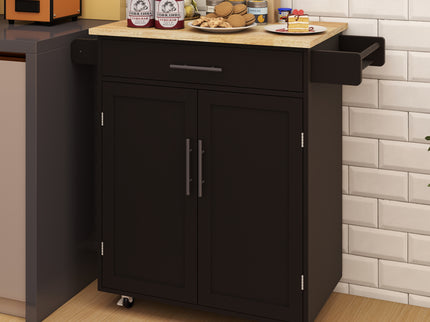 Black Kitchen Island Cart with 1 Drawer, 2-Door Cabinet & Adjustable Shelving – Solid Rubberwood Countertop