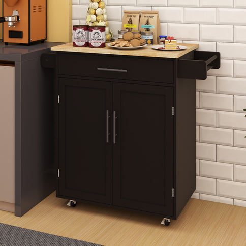 Black Kitchen Island Cart with 1 Drawer, 2-Door Cabinet & Adjustable Shelving – Solid Rubberwood Countertop