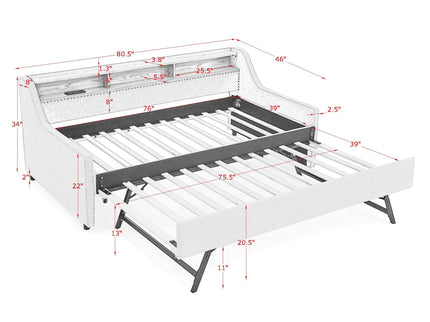 Upholstered Sofa Bed With LED Lights, Storage Headboard, Foldable Trundle & Wireless Charging