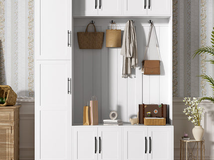 Tall Hall Tree With Shoe Storage, 4 In 1 Entryway Bench With 6 Cabinets, 4 Coat Hooks & Adjustable Shelf For Hallway - White