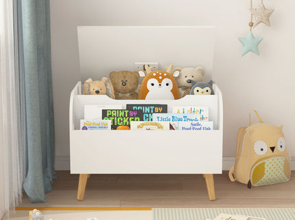 Toy Box With Front Bookshelf, Flip Top Lid, Safety Hinge For Kids Room Organization - White