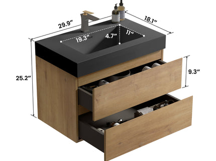 Alice - Natural Oak Bathroom Vanity With Sink, Large Storage Wall Mounted Floating Bathroom Vanity For Modern Bathroom, One-Piece Sink Basin Without Drain