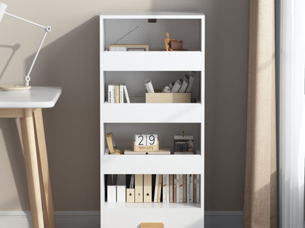 4 Tier Freestanding Bookshelf With 3 Sliding Drawers And 1 Bottom Drawer - White