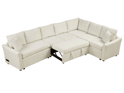 L-Shaped Sofa Convertible Sofa Bed Pull Out Sofa Sleeper With Two Back Pillows, Two USB Ports And Two Power Sockets For Living Room