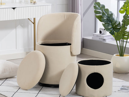 Barrel Chair, Built In Storage, 360° Swivel - Beige
