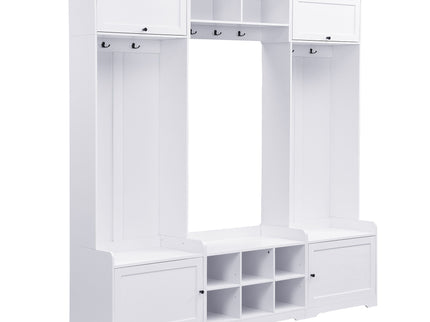 Wide Hall Tree With Shoe Storage, 4 In 1 Entryway Bench With 8 Cubbies, 7 Coat Hooks & Adjustable Shelf For Hallway - White