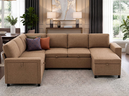 U - Shaped Convertible Sectional Sofa Bed With Storage, USB Charger & Cup Holders