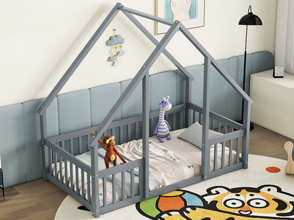 Wood House-Shaped Floor Bed With Fence, Guardrails
